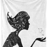 Ambesonne Zodiac Virgo Throw Blanket, Beauty of Horoscope Themed Leafy Ornamental Girl Fantasy Fashion, Flannel Fleece Accent Piece Soft Couch Cover for Adults, 50" x 70", Black and White - Virgo Blanket for men
