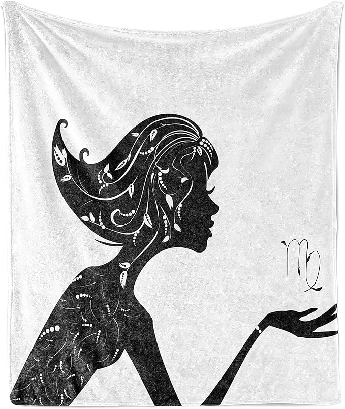 Ambesonne Zodiac Virgo Throw Blanket, Beauty of Horoscope Themed Leafy Ornamental Girl Fantasy Fashion, Flannel Fleece Accent Piece Soft Couch Cover for Adults, 50" x 70", Black and White - Virgo Blanket for men
