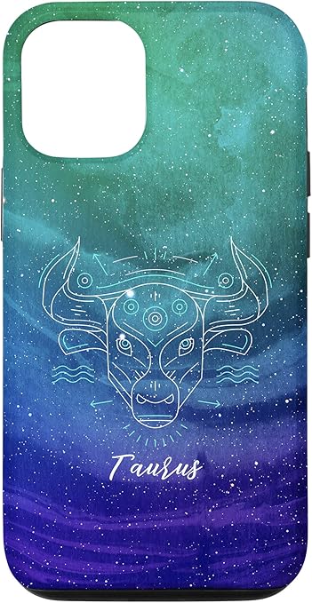 iPhone 12/12 Pro Aqua Teal & Purple Space Galaxy Star Bull Horn Zodiac Taurus Case - Taurus Phone Case for men