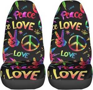 KiuLoam Rainbow Peace Love Sign Gesture Car Seat Covers, Front Vehicle Seat Protector Car Mat Covers, Universal Fit for Vehicle Sedan SUV and Truck Automotive Interior, 2 Pcs - Aquarius Car Seat Cover for men