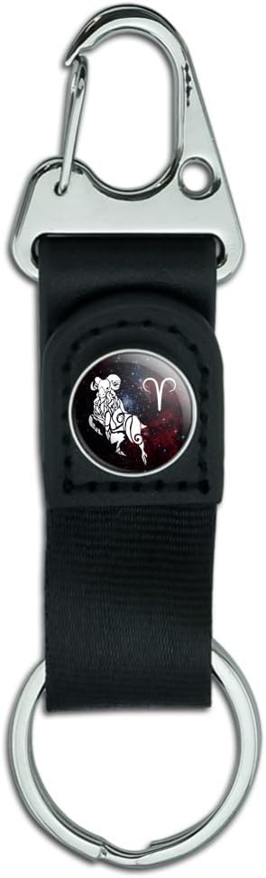 Aries Zodiac Sign Horoscope in Space Keychain with Leather Fabric Belt Clip-On Carabiner - Aries Ring for men