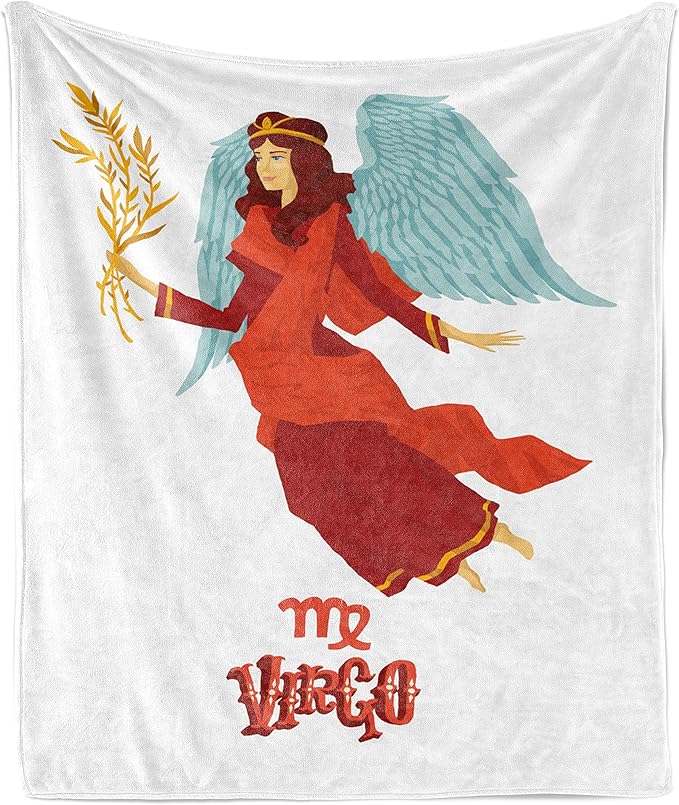 Ambesonne Virgo Throw Blanket, Astrological Zodiac Sign with Woman with Wings and Dress Horoscope, Flannel Fleece Accent Piece Soft Couch Cover for Adults, 50" x 60", Vermilion Seafoam Orange - Virgo Blanket for men