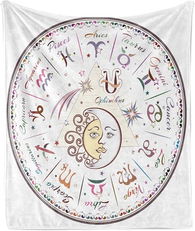 Ambesonne Zodiac Throw Blanket, Western Chart with All Signs Aries Virgo Leo Taurus Libra Mystique Fate Calendar, Flannel Fleece Accent Piece Soft Couch Cover for Adults, 50" x 60", Multicolor - Aries Blanket for men