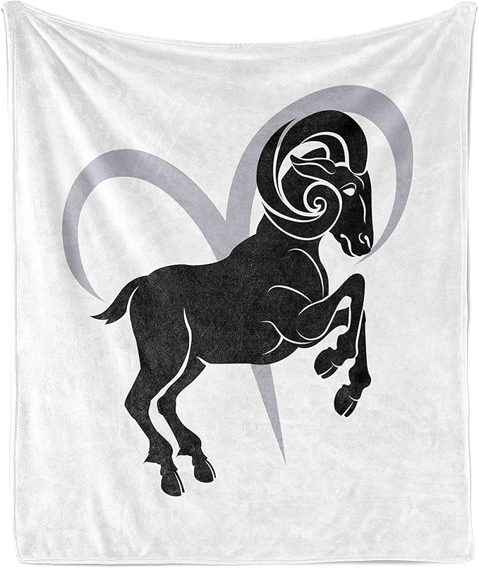 Ambesonne Zodiac Aries Throw Blanket, Black Silhouette of a Astrological Animal Standing on Grey Sign, Flannel Fleece Accent Piece Soft Couch Cover for Adults, 50" x 60", Pale Grey White - Aries Blanket for men