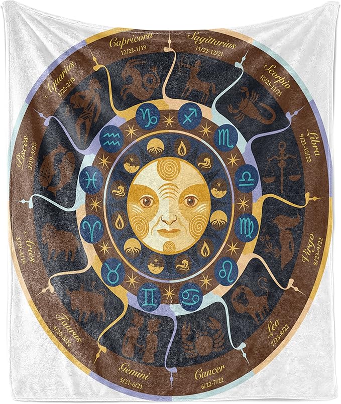Ambesonne Astrology Throw Blanket, Aries Taurus Gemini Cancer Leo Virgo Libra Scorpio Horoscope Signs, Flannel Fleece Accent Piece Soft Couch Cover for Adults, 60" x 80", Brown Yellow and Blue - Aries Blanket for men