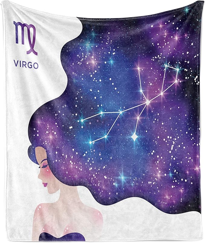 Ambesonne Celestial Throw Blanket, Horoscope Virgo with Sign and Abstract Space Hair Girl Constellation, Flannel Fleece Accent Piece Soft Couch Cover for Adults, 50" x 60", Violet and Multicolor - Virgo Blanket for men