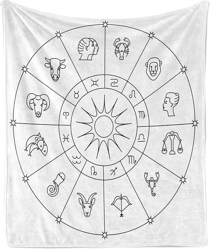 Ambesonne Astrology Throw Blanket, Sketchy Zodiacal Circle with Astrology Signs Aries Aquarius Pisces Lion Art, Flannel Fleece Accent Piece Soft Couch Cover for Adults, 50" x 60", Black and White - Aries Blanket for men