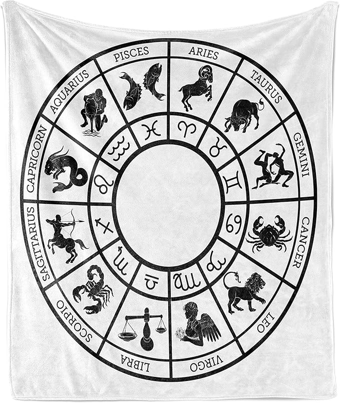 Lunarable Zodiac Throw Blanket, Monochromatic Design Horoscope Wheel with Names and Signs Leo Gemini Cancer, Flannel Fleece Accent Piece Soft Couch Cover for Adults, 50" x 60", Black White - Gemini Blanket for men