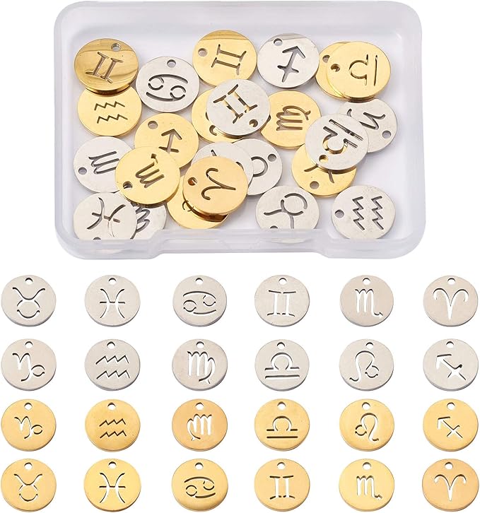 Beadthoven 24pcs/Set Stainless Steel Zodiac Sign 12 Constellation Tag Charms Mixed Flat Round Blank Stamping Tag Pendants with Hole for DIY Jewelry Making Craft Accessories - Aries Keychain for men