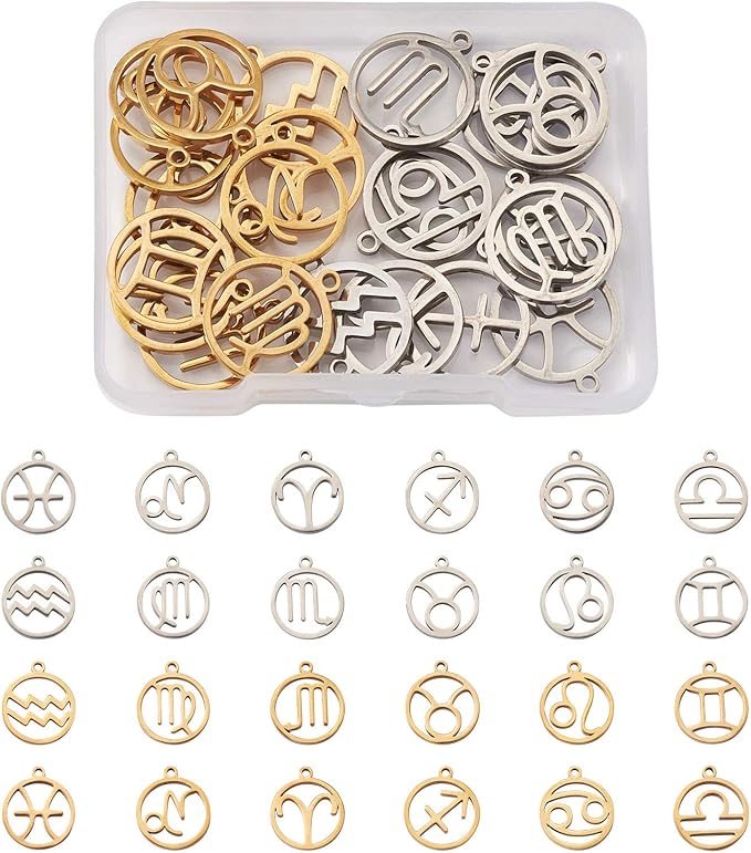 Beadthoven 24pcs/Set Stainless Steel Zodiac Sign 12 Constellation Pendant Mixed Round Lucky Charms for DIY Bracelets Necklaces Earrings Jewelry Making Craft Accessories - Aries Ring for men