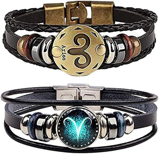 Constellation Braided Rope Bracelet - Punk Alloy Leather Bracelet - Hand Woven Braided Rope Punk Chain Cuff 2 PCS - Aries Bracelet for men