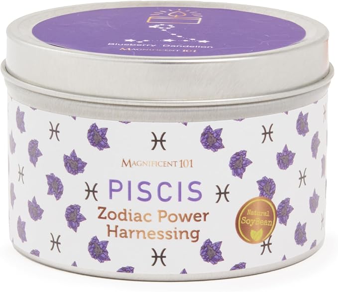 Magnificent 101 Long Lasting Pisces Zodiac Candle - 6 Oz - 35 Hour Burn Time - Blueberry Dandelion Scented Soy Wax Candle - Harness The Power of Astrological Signs to Find Your Strength - Pisces for men