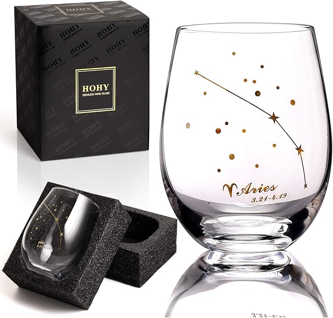 Aries Stemless Wine Glass 20 Oz, Aries Birthday Gifts for Women Men, Zodiac Aries Tumbler Gifts for Pisces Women, Aries Cup Golden Gift, Constellation Tumbler Wine Glass, Astrology Gifts for Women Men - Aries Mug for men