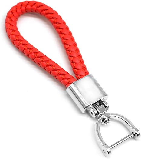 FEYOUN Universal Red Leather Car Fob Keychain Metal Keyring Woven Strap Braided Rope Key Chain for Men and Women - Silver Color, with 360 Degree Rotatable D-ring and Screwdriver - Aries Keychain for men
