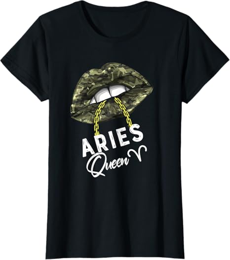 Womens Army Aries Queen Lips Camouflage Womens Military Green Cute T-Shirt - Aries T-Shirt for men