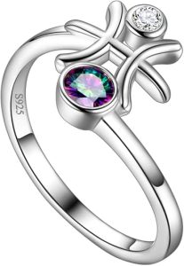 Adjustable Zodiac Sign Ring 925 Sterling Silver Fine Jewelry Gifts Rainbow Mystic Topaz Zirconia 12 Constellation Ring Astrology Cute Scorpio Ring Celestial Zodiac Jewelry Birthday for Women Girls - Pisces for men