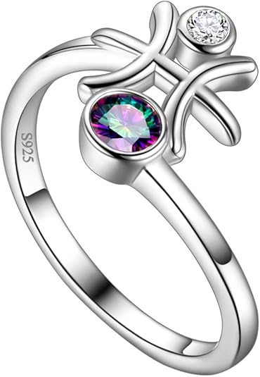 Adjustable Zodiac Sign Ring 925 Sterling Silver Fine Jewelry Gifts Rainbow Mystic Topaz Zirconia 12 Constellation Ring Astrology Cute Scorpio Ring Celestial Zodiac Jewelry Birthday for Women Girls - Pisces for men