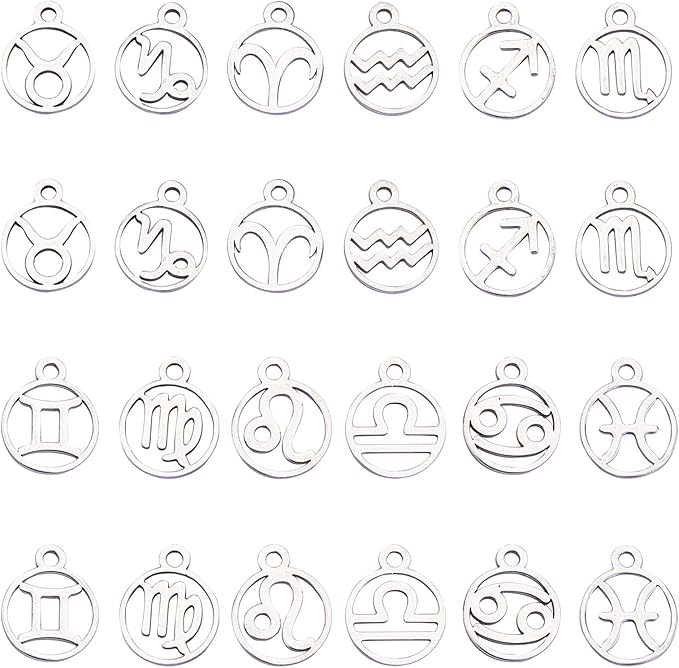 SUNNYCLUE 1 Box 24Pcs 12 Constellation Zodiac Signs Charms Flat Round Stainless Steel Charms for DIY Making Bracelets Necklaces Earrings Accessories 0.5x0.4inch, Hole: 1.5mm - Aries Necklace for men