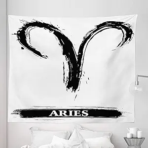Ambesonne Astrology Tapestry King Size, Aries Astrology Sign with Grunge Illustration Elements Character Venus, Wall Hanging Bedspread Bed Cover Wall Decor, 104" X 88", White Black - Aries Blanket for men