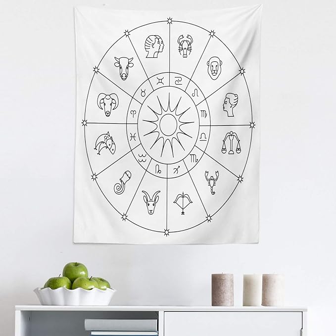 Ambesonne Astrology Tapestry, Sketchy Zodiacal Circle with Astrology Signs Aries Aquarius Pisces Lion Art, Fabric Wall Hanging Decor for Bedroom Living Room Dorm, 23" X 28", Black and White - Aries Blanket for men