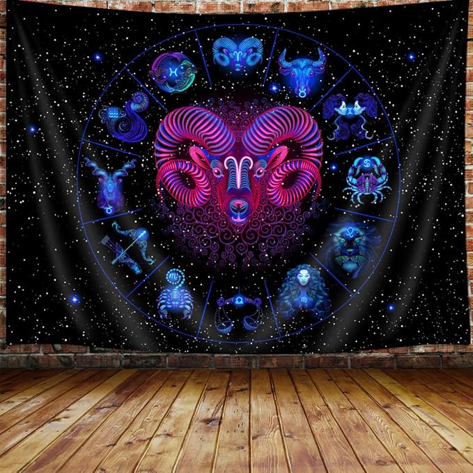Aries Tapestry, Constellation Neon Tapestry Wall Hanging for Bedroom, Black Light Tarot Witchy Aesthetic Tapestries Poster Beach Blanket College Dorm Home Decor 60X40Inches - Aries for men