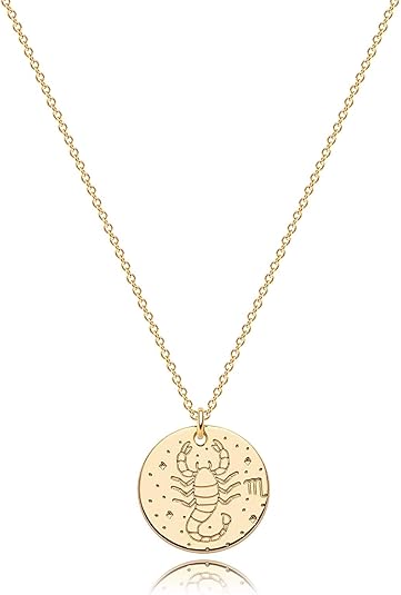 WEARON Zodiac Necklace for Women Gold Coin Disc Constellation Horoscope Sign Astrology Engraved 14k Gold Plated Dainty Chain Personalized Birthday Jewelry - Scorpio Accessories for men