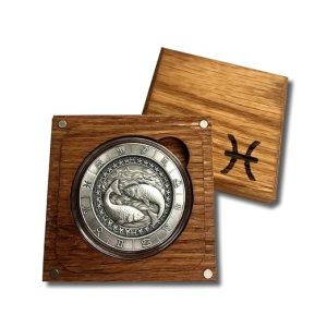 1 Troy oz .999 Fine Silver Pisces Zodiac Round with Antique Finish in Wooden Display Box - Pisces Home Decor for men
