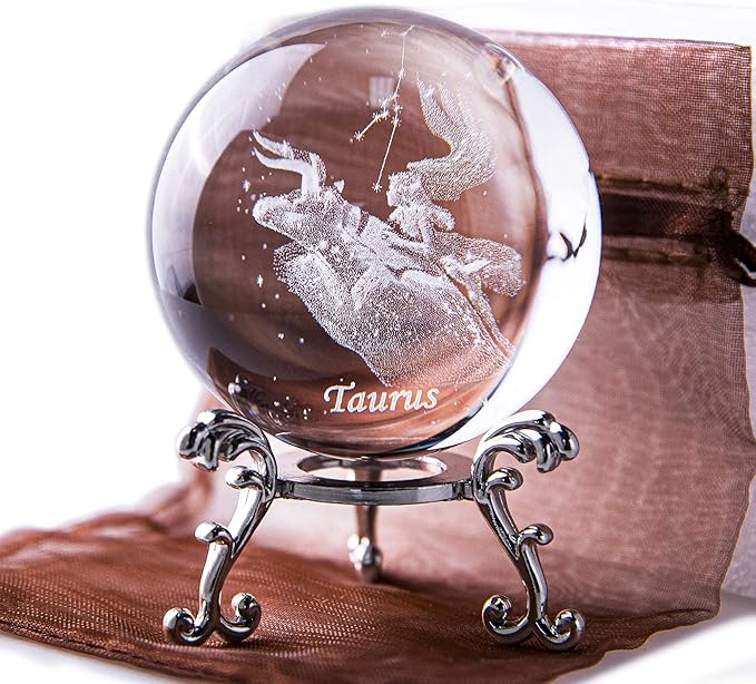 3D Laser Constellation Crystal Ball Crystal Paperweight Full Sphere Glass Fengshui with Sliver-Plated Flowering Stand(Taurus) - Taurus Products for men