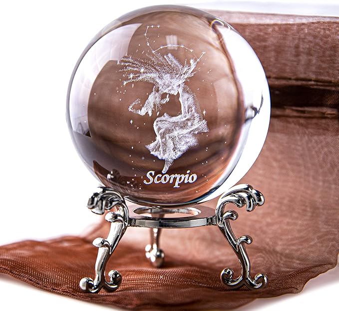 3D Laser Constellation Ball Crystal 60mm Paperweight Full Sphere Glass Fengshui with Sliver-Plated Flowering Stand(Scorpio) - Scorpio Products for men