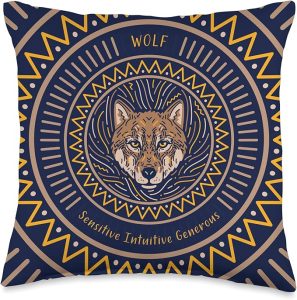 Native American Wolf Zodiac Sign for Pisces Blue Brown Throw Pillow - Pisces Pillow for men