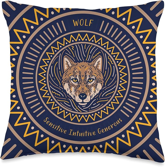 Native American Wolf Zodiac Sign for Pisces Blue Brown Throw Pillow - Pisces Pillow for men