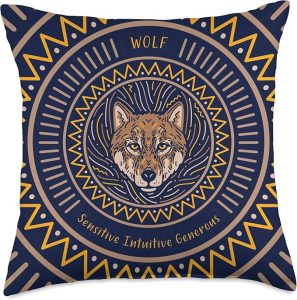 Native American Wolf Zodiac Sign for Pisces Blue Brown Throw Pillow - Pisces Pillow for men