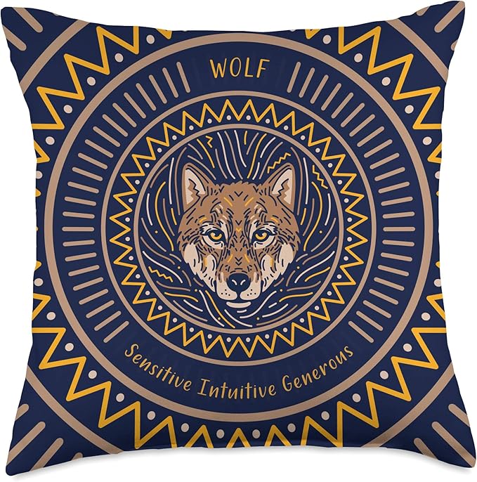 Native American Wolf Zodiac Sign for Pisces Blue Brown Throw Pillow - Pisces Pillow for men