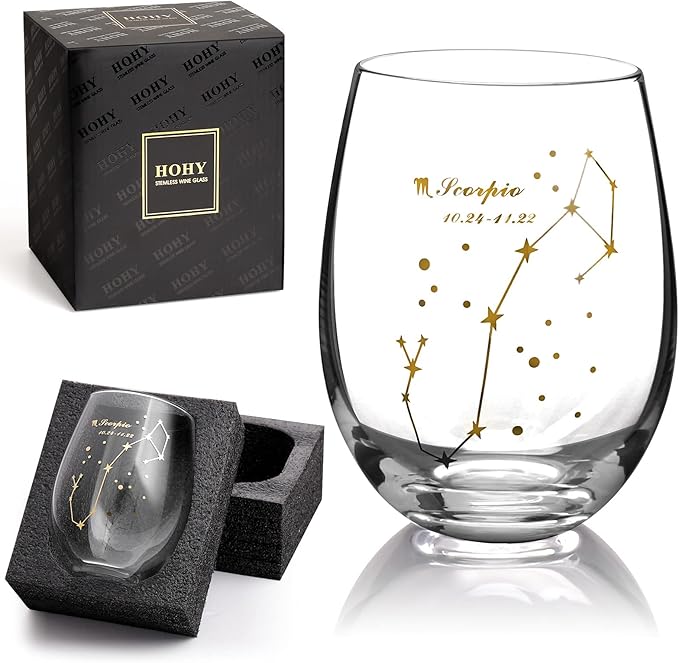 HOHY Scorpio Wine Glass - 20oz Golden Stemless Constellation Glass, Zodiac Sign Horoscope Gift for Women Men, Astrology Define Design - Scorpio Products for men