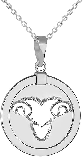 14k White Gold Round Aries Ram Zodiac Sign Animal Medallion Pendant Necklace (Reversible) - Aries Necklace for men