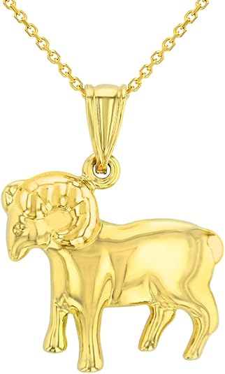 High Polish 14k Yellow Gold 3D Aries Zodiac Sign Ram Animal Pendant With Cable, Curb or Figaro Chain Necklace - Aries Necklace for men