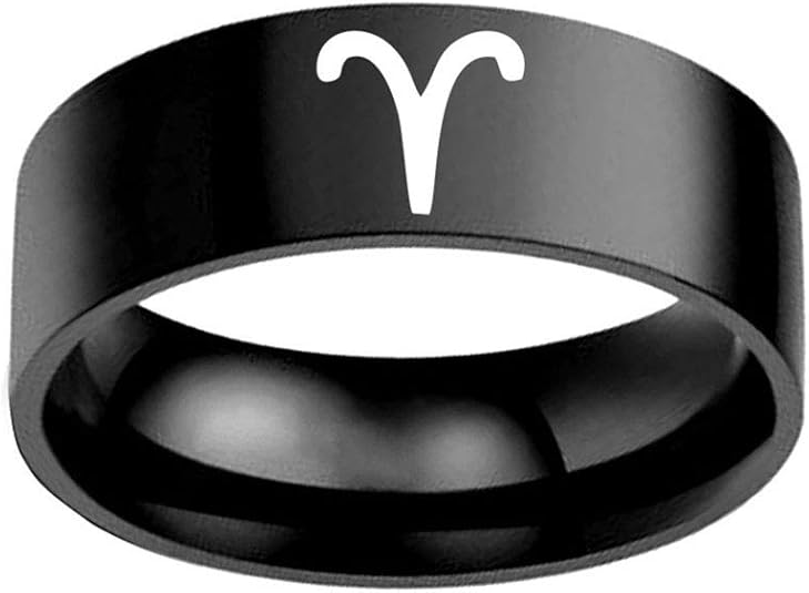 Black Mens 8mm Stainless Steel 12 Constellations Wedding Band Ring,Size 6-13 - Aries Ring for men