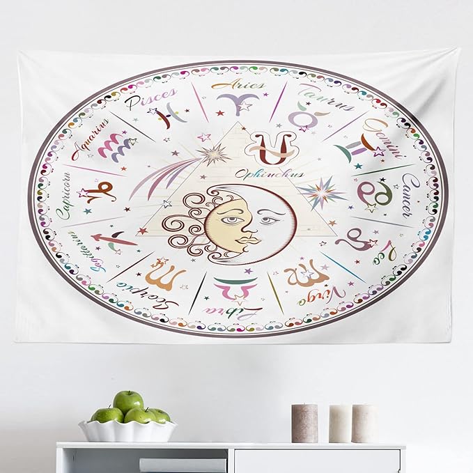 Ambesonne Zodiac Tapestry, Western Chart with All Signs Aries Virgo Leo Taurus Libra Mystique Fate Calendar, Fabric Wall Hanging Decor for Bedroom Living Room Dorm, 45" X 30", Multicolor - Aries Blanket for men