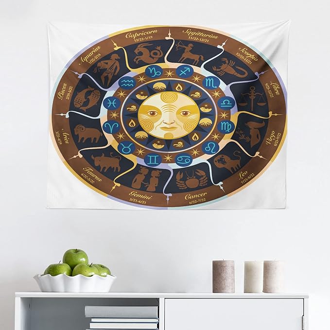 Ambesonne Astrology Tapestry, Aries Taurus Gemini Cancer Leo Virgo Libra Scorpio Horoscope Signs, Fabric Wall Hanging Decor for Bedroom Living Room Dorm, 28" X 23", Brown Yellow and Blue - Aries Blanket for men