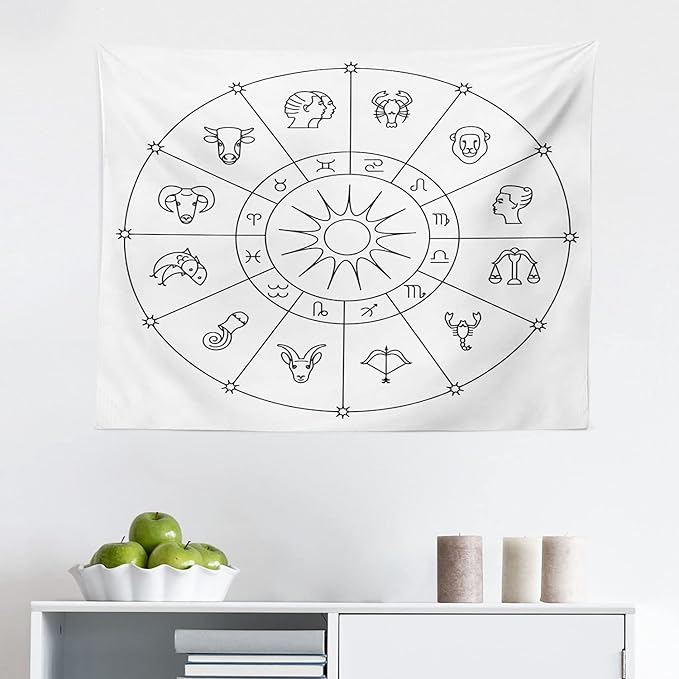 Ambesonne Astrology Tapestry, Sketchy Zodiacal Circle with Astrology Signs Aries Aquarius Pisces Lion Art, Fabric Wall Hanging Decor for Bedroom Living Room Dorm, 28" X 23", Black and White - Aries Blanket for men