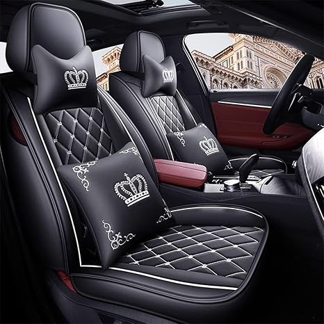 Full Set Car Seat Covers, Crown PU Leather Car Seat Cover Full Surround, Comfortable Automotive Vehicle Cushion Cover Fit for Most 5 Seats Cars/SUV/Truck/Vans (Black+White) - Aries Car Seat Cover for men
