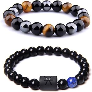 CSIYANJRY99 Zodiac Bracelets for Men Women Zodiac Sign 12 Constellation Horoscope Bracelet 8mm Natural Obsidian Hematite Onyx Tiger Eye Beads Stretch Bracelet - Pisces for men