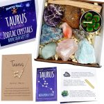 DANCING BEAR Taurus Zodiac Healing Crystals Gift Set (14 Pc): 9 Stones, 18K Gold-Plated Constellation Necklace, Meteorite, Succulent Candle, Palo Santo Smudge Stick & Info Guide, Made in The USA - Taurus Products for men