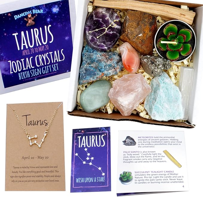 DANCING BEAR Taurus Zodiac Healing Crystals Gift Set (14 Pc): 9 Stones, 18K Gold-Plated Constellation Necklace, Meteorite, Succulent Candle, Palo Santo Smudge Stick & Info Guide, Made in The USA - Taurus Products for men