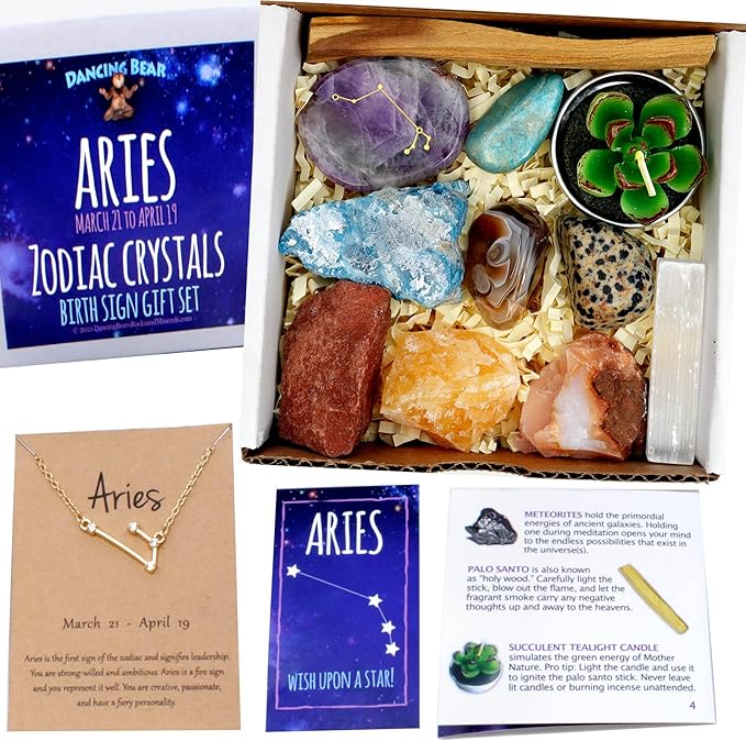 DANCING BEAR Aries Zodiac Healing Crystals Gift Set, (14 Pc): 9 Stones, 18K Gold-Plated Constellation Necklace, Meteorite, Succulent Candle, Palo Santo Smudge Stick, and Info Guide, Made in The USA - Aries Necklace for men