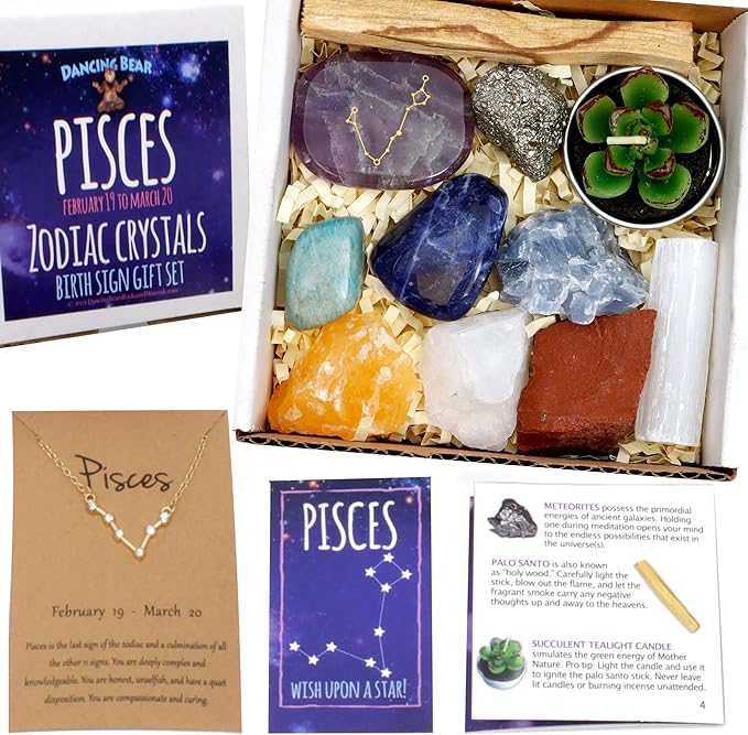 DANCING BEAR Pisces Zodiac Healing Crystals Gift Set, (14 Pc) Made in The USA - Pisces for men