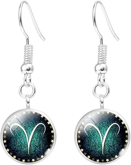 Zodiac Constellation Earrings for Women Geometric Circle Round Time Gemstone Horoscope Dangle Drop Earrings Birthday Gift Jewelry - Aries Ring for men