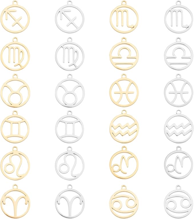 UNICRAFTALE 24pcs Zodiac Sign Charms Golden & Stainless Steel Color Round with Constellations Pendants Stainless Steel Pendants Metal Charms for Jewelry Making 18mm Long - Aries Necklace for men