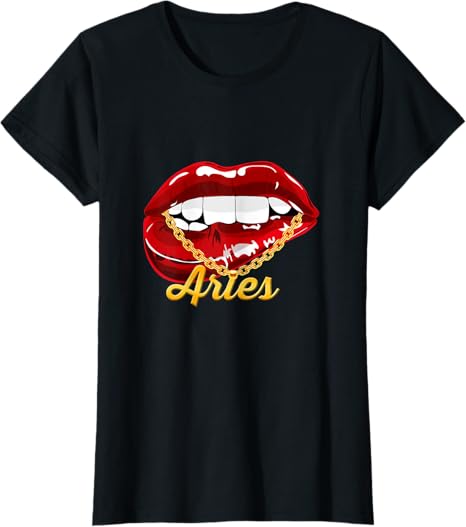 Womens Aries Girl Juicy Lips Gold Chain Astrology Zodiac sign T-Shirt - Aries T-Shirt for men