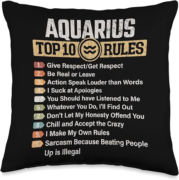 Zodiac Sign Funny Top 10 Rules Of Aquarius Graphic Throw Pillow - Aquarius Pillow for men